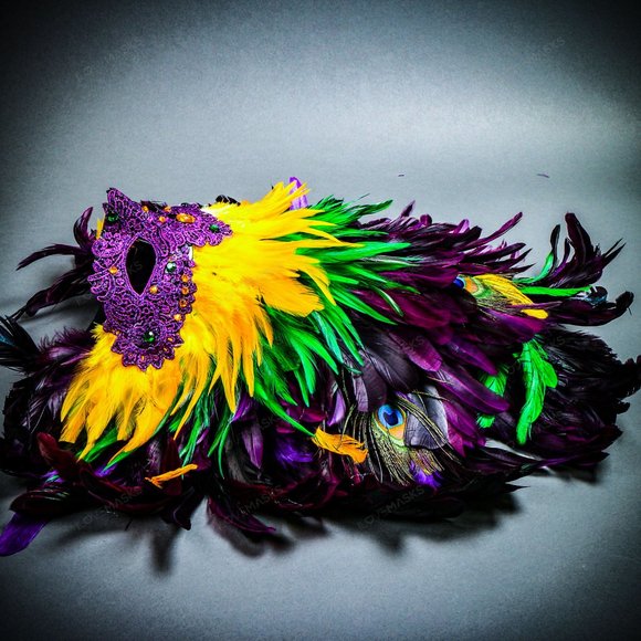 Women Mardi Gras Carnival Masquerade Large Top Feather Party Eye Mask - Picture 7 of 7